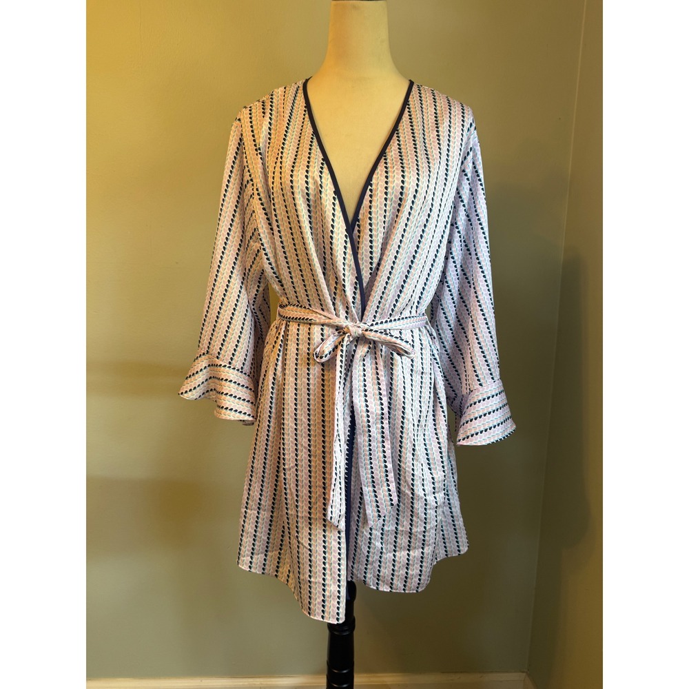 Kate Spade Heart Stripe Robe Pink Blue Satin Short Wrap Belted M y2k preppy boho